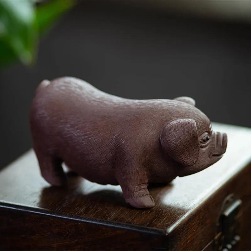 Pet da tè in argilla viola Yixing cinese Statuetta maialino carina Ornamenti Figurine da tè Scultura Decorazione Fatta a mano Decorazioni Set da tè cinese