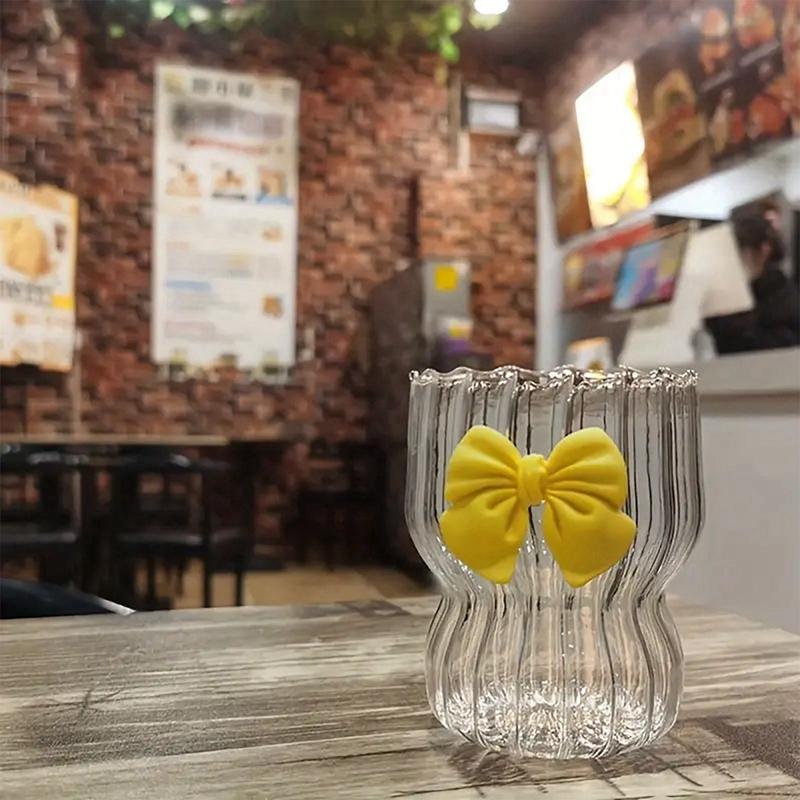 Vertical Striped Glass Cup with Bow Decor Cute Coffee Cocktail Juice Water Tea Glassware