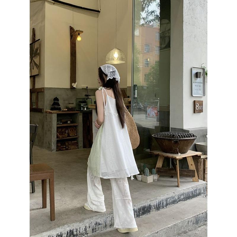 Pantaloni largi de vară Pantaloni albi vintage pentru femei cu talie înaltă, dulci, cu broderie, pantaloni cu flori din dantelă, coreeană, pantaloni casual estetici Y2k