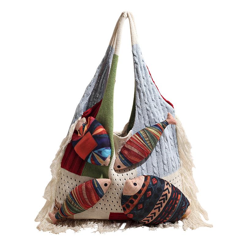 Fashion Fringe Knitted Bag - Unique Hollow Design - Small Fish-shaped Bag - Casual Vacation Style - Single Shoulder Bag