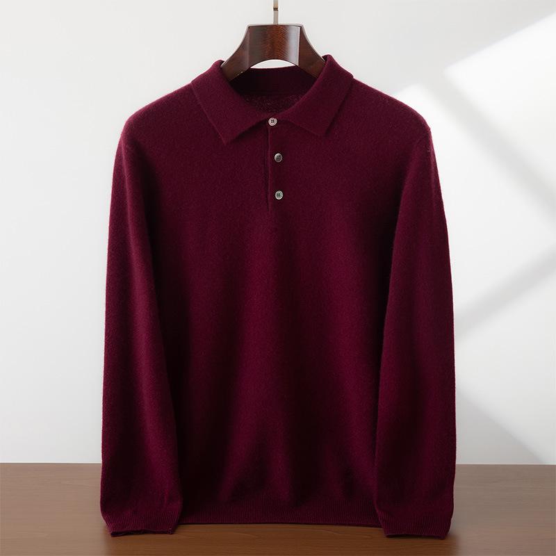 Men's Cashmere Polo Collar Sweater, Solid Color Knitwear, Long Sleeve Button-Up Pullover for Autumn/Winter