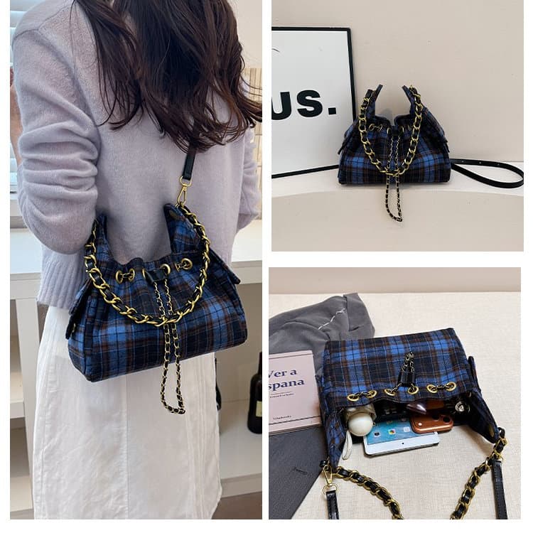 Blue Brown Plaid Woolen Drawstring Bucket Bag Women's Shoulder Bag