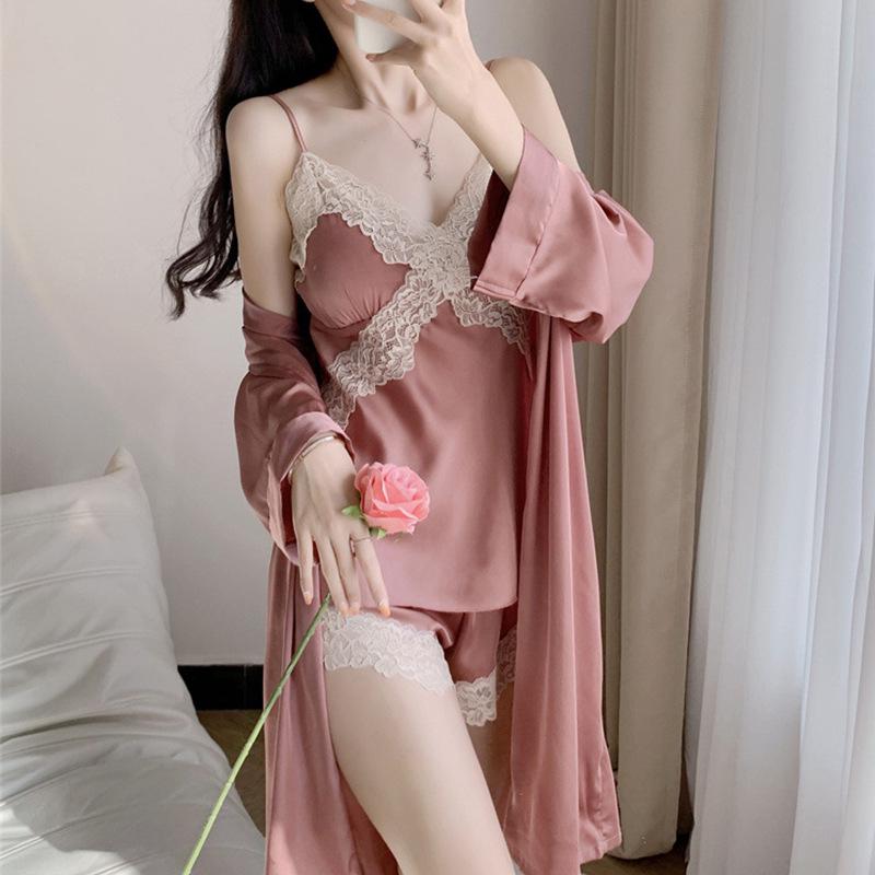 Women's Ice Silk Satin V-Neck Pajama Set - Three-Piece with Spaghetti Straps, Shorts, Robe, and Breast Pads