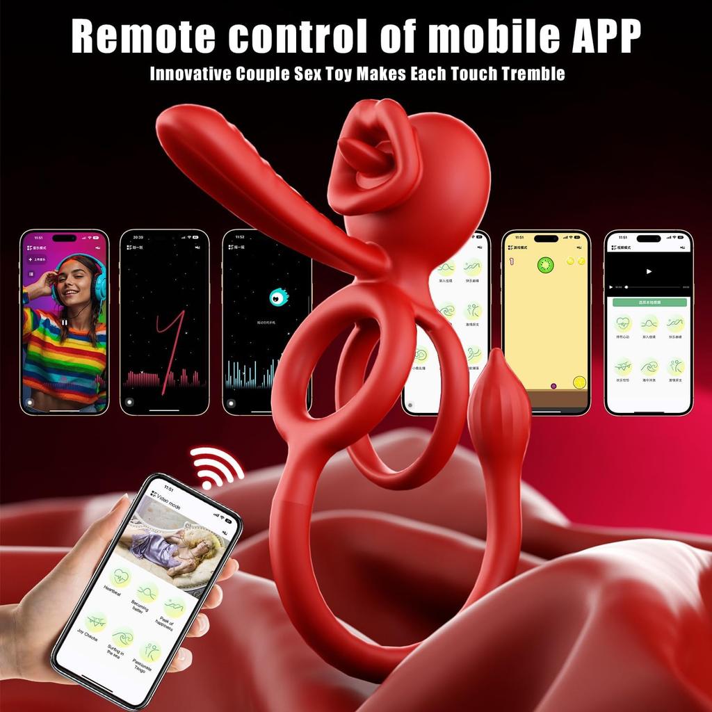 Bluetooth APP Controlled Cock Ring for Men - 10 Speed Vibrating Penis Ring, Clit & Perineum Stimulator, Rechargeable Couples Sex Toy