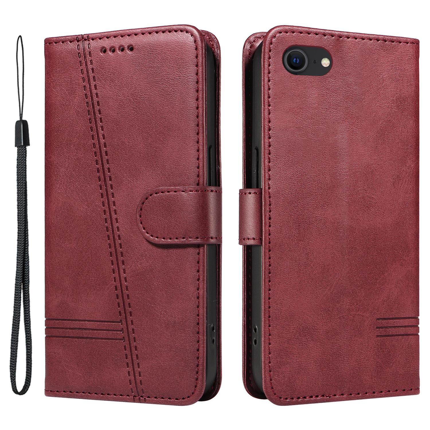 

For iPhone 6/7/8/SE (2020)/SE (2022) Phone Case Imprinted Line PU Leather Cover Wallet with Wrist Strap Wine Red