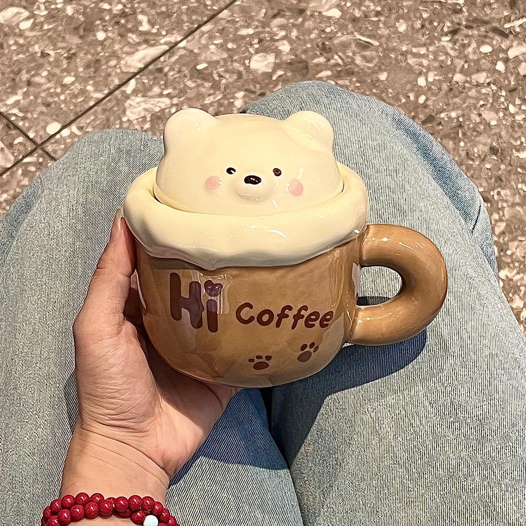 High-value Bear Mug with Lid Spoon, Cute Ceramic Water Cup for Girls' Birthday Gift, Cup Companion Gift
