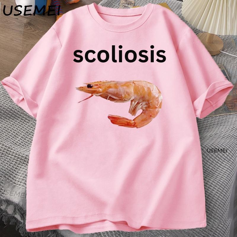 Shrimp with Scoliosis Graphic T Shirts Funny Curved Shrimp Meme T Shirt Seafood Humor Tee Cotton Short Sleeve Round Neck Tops S