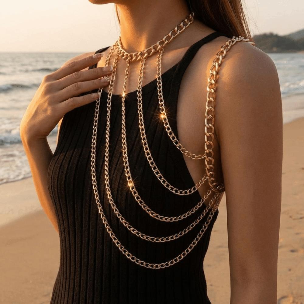 Einzigartiger Körperketten Schmuck Y2K Ein Schulter Kette Halskette INS Bikinis Körperkette Party Kleidung
