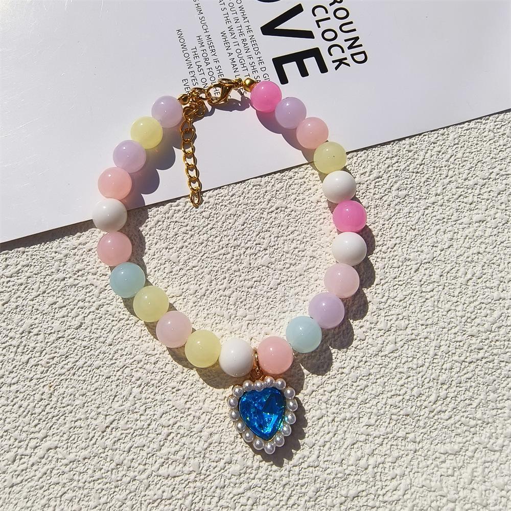 Personalized cat and dog pet handmade necklace collar beaded rhinestone heart cute pearl pendant accessories princess style
