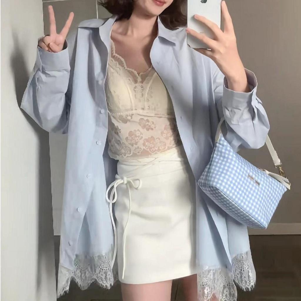 Korean-Style Women's Blue Polo Collar Lace Patchwork Shirt - Loose Fit, Slimming, Early Spring 2025 Niche Design.