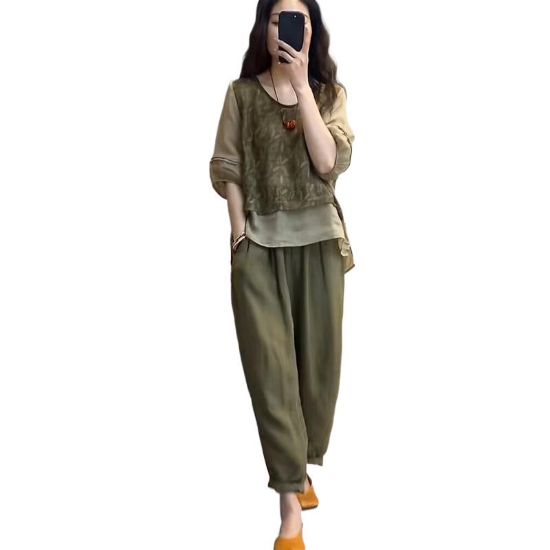 2023 Women's Summer Cotton & Linen Print Patchwork Harem Pants and Top Set