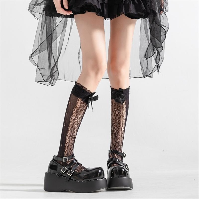 Women's Fishnet Knee Highs Stockings Hollowed Out Calf Socks Sweet Bows Knee Highs Socks