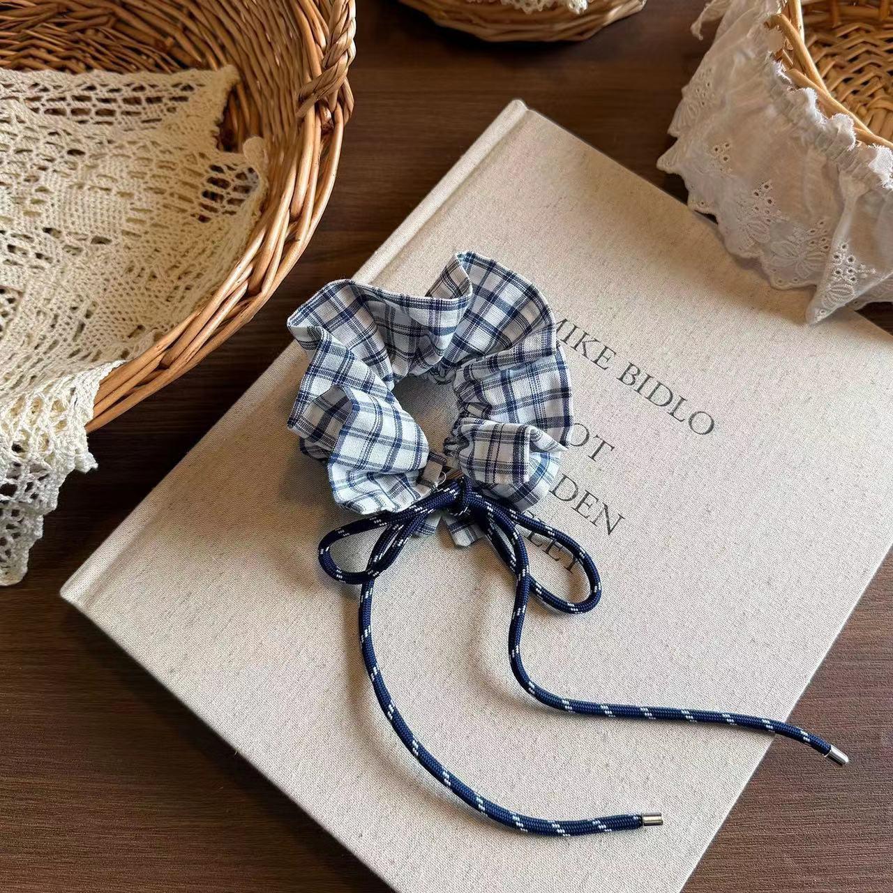 Korean Adjustable Blue Plaid Large Bow Hair Tie