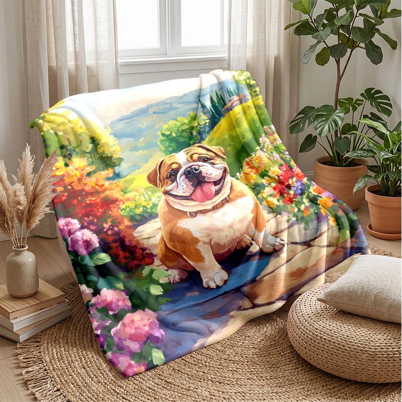 Bulldog Floral Pattern Blanket Personalized Name Flannel Blanket Soft Cozy Plush Throw for Sofa Bed Lightweight Home Decor