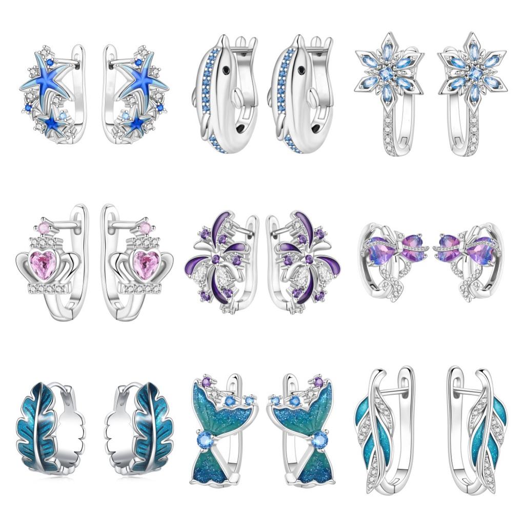 Luxury Blue Dolphin Feather Starfish Hoop Earrings Elegant Wind Ear Jewelry For Women Fashion Accessories