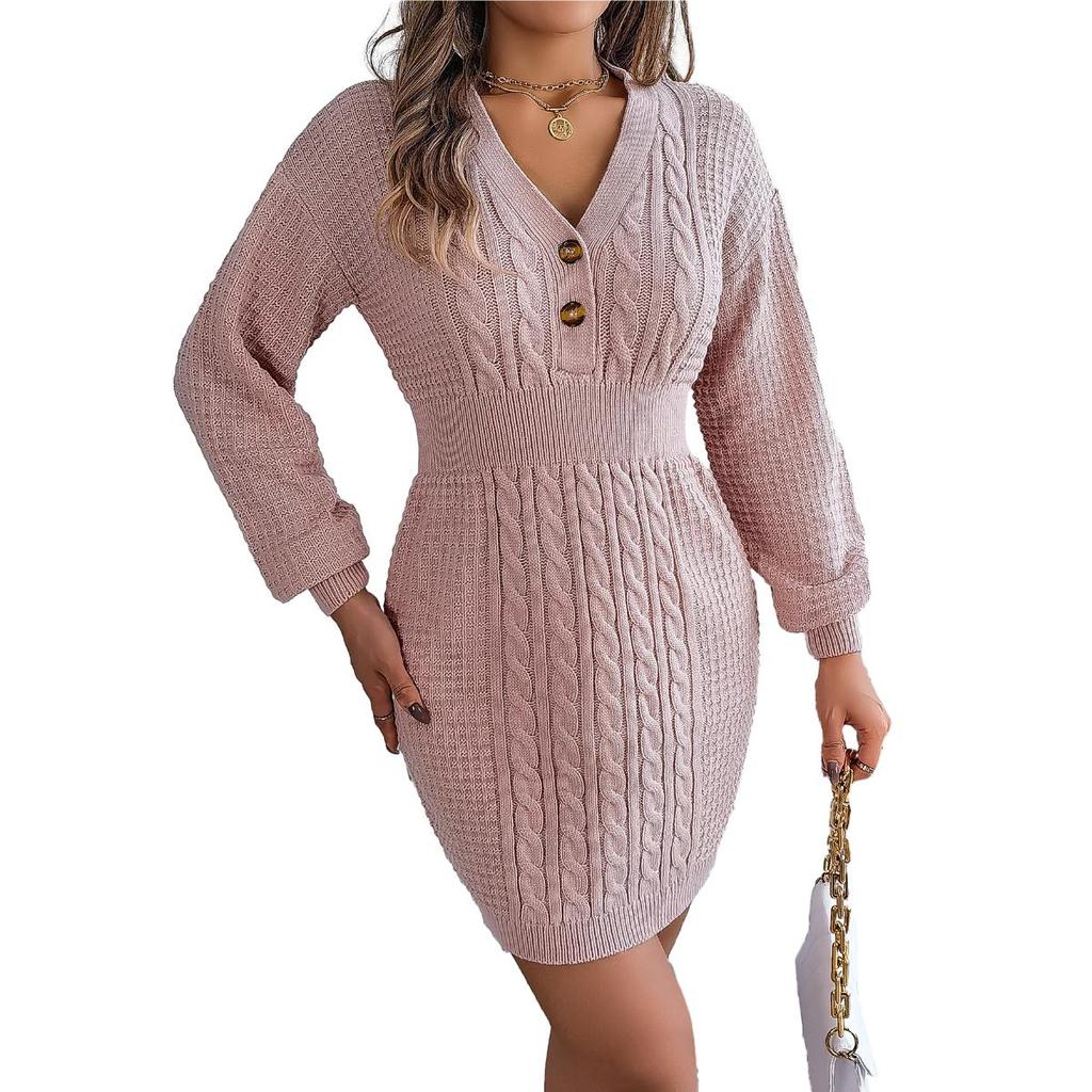 Women's Autumn and Winter Popular Button V-neck Fried Dough Twists Lantern Sleeve Buttocks Wool Dress