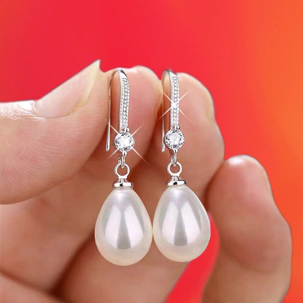 Women's Elegant Pearl Drop Earrings Sparkling Rhinestone Inlaid Hook Earrings for Wedding and Engagement