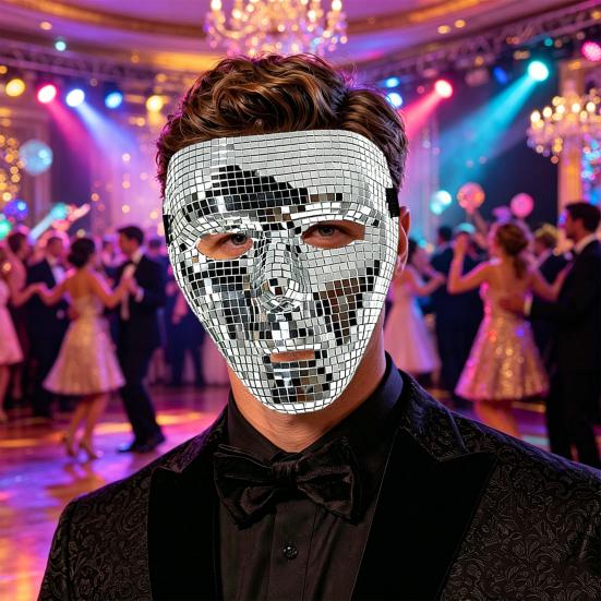 Lightweight Glitter Face Mask Halloween Disco Ball Mask, Breathable Mirror Mosaic Masquerade, Shiny Effect Party Costume for Dance Performance,