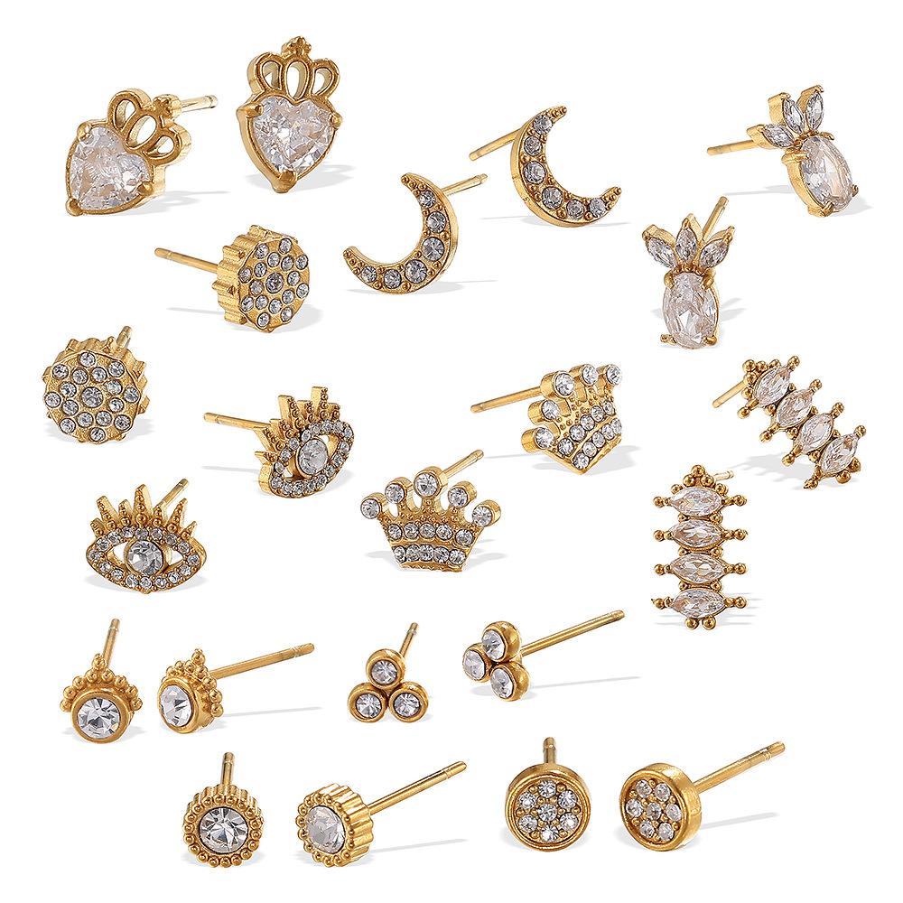 Stainless Steel Sequined Stud Earrings Jewelry Light Luxury High-End Earrings Female Moon Crown Shape Stud Earrings