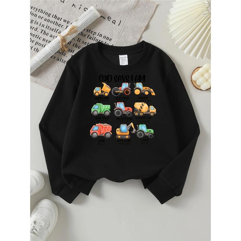 Construction Vehicles Kids Art Print Girls' Fashionable Crewneck Sweatshirt, Autumn and Winter Western Style Top, Children's Long Sleeved T-shirt
