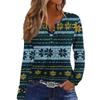 Women's Casual Christmas Print V-Neck Long Sleeve T-Shirt with Decorative Buttons for Holiday Parties