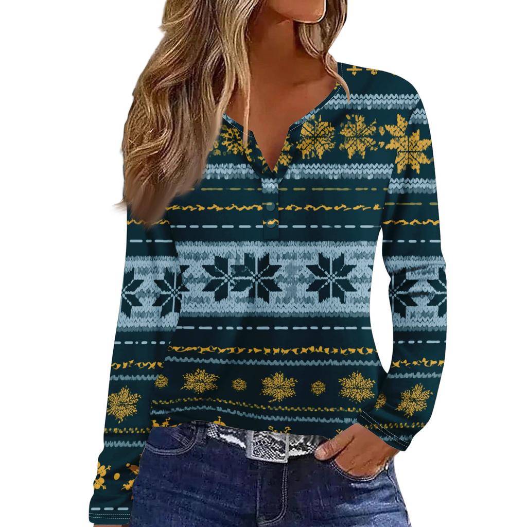 Women's Casual Christmas Print V-Neck Long Sleeve T-Shirt with Decorative Buttons for Holiday Parties