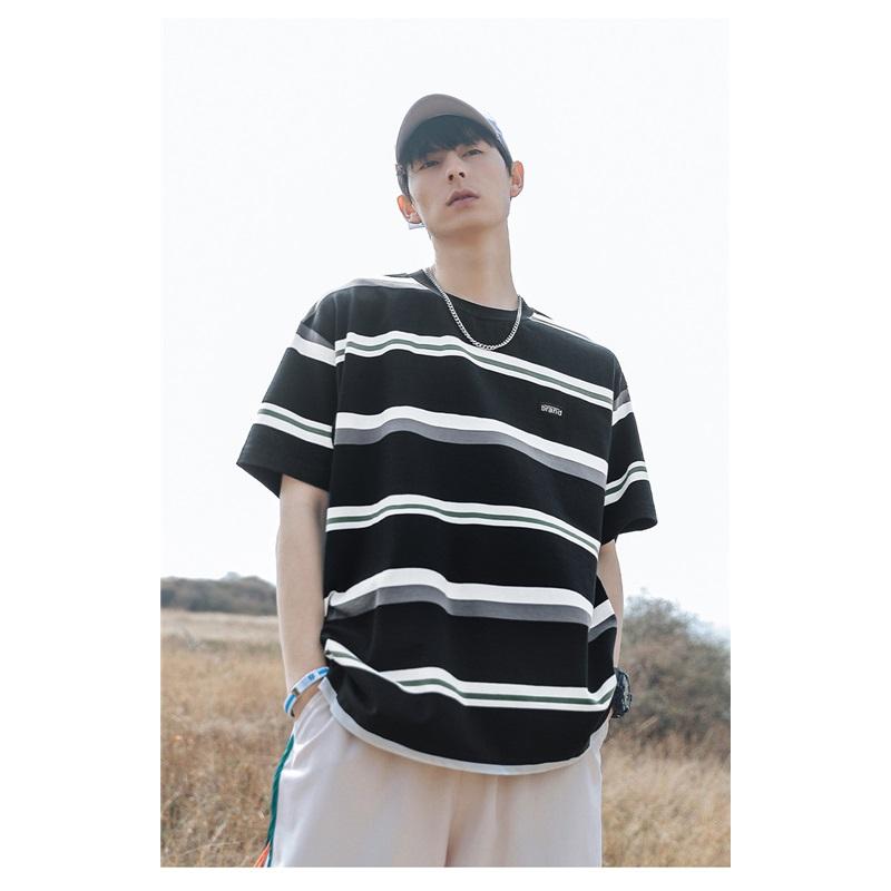 Men's Summer Couples Short Sleeve T-Shirt Loose Fit Japanese Black And White Striped Round Neck Top Casual Shirt For Men Stylish Summer Apparel