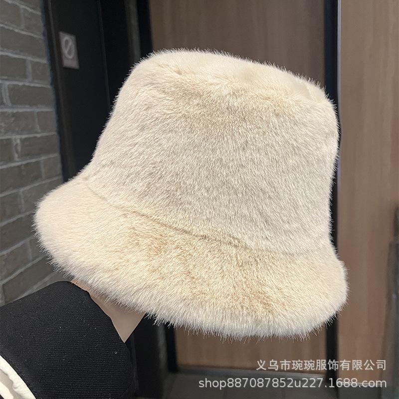 Autumn and winter new solid color bucket hat women's fashion show small face warm fluffy basin hat simple imitation mink bucket hat
