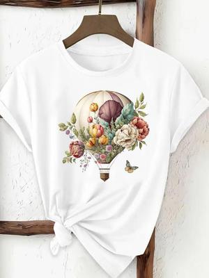 (Asian Size) Flower Floral Style Woman Top Fashion Women Clothing T Shirt Female Short Sleeve Graphic T-shirts Print Tee