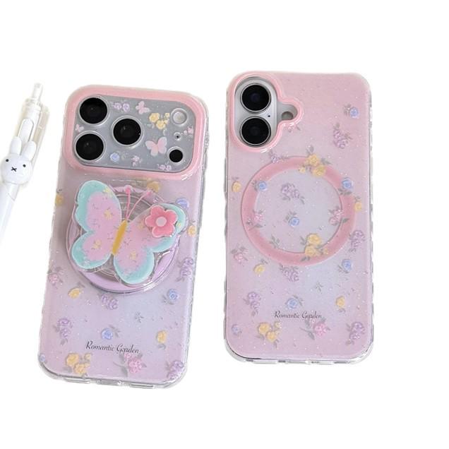 Colorful Floral Butterfly Magnetic Stand Case for iPhone 14/15/16 Pro Max - Girly Design