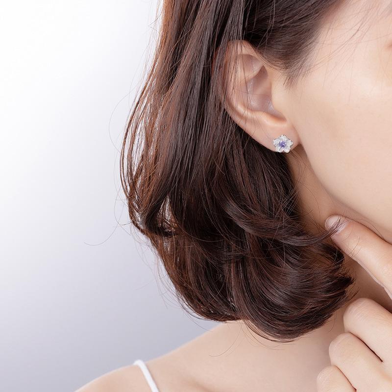 New Japanese Exquisite and Simple Cherry Blossom Zircon Stud Earrings Women's Temperament Earrings Purple Diamond Flower Ear Jewelry
