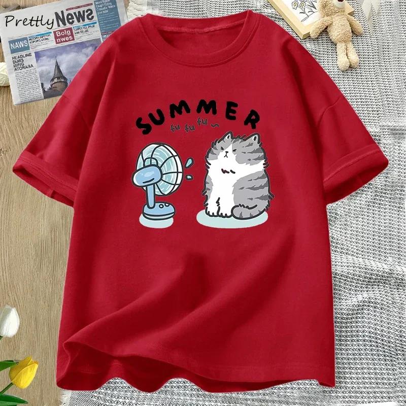 Summer Funny Cat and Fan Graphic T Shirts Women Men Short Sleeve T Shirt Harajuku Women's Clothing Female Streetwear Tops