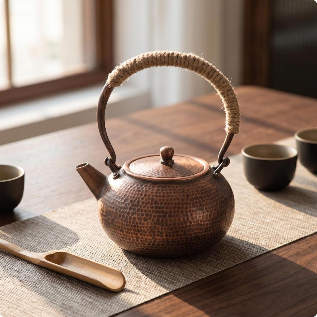 Chinese Tea Ceremony Kettle Handcrafted Hammered Copper for Collectors, Kitchen