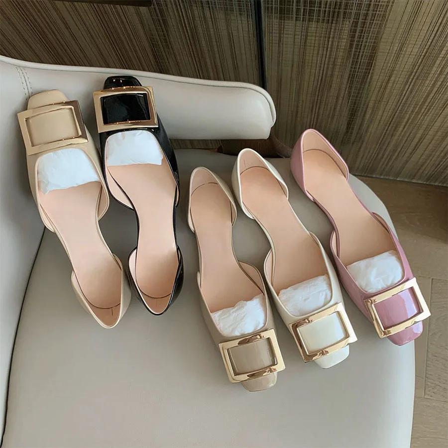 New Designer Women Patent Leather Flat Shoes Beautiful Metal Buckle Casual Boat Shoes Girl Loafers Summer Two-piece Sandals