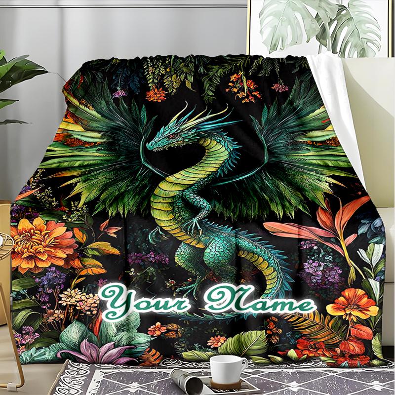 1PC Custom Name Dragon Garden Outdooor Flannel Blankets Patterns Throw Blanket All-Season Soft Gift for Couch, Bed, Camping Gifts