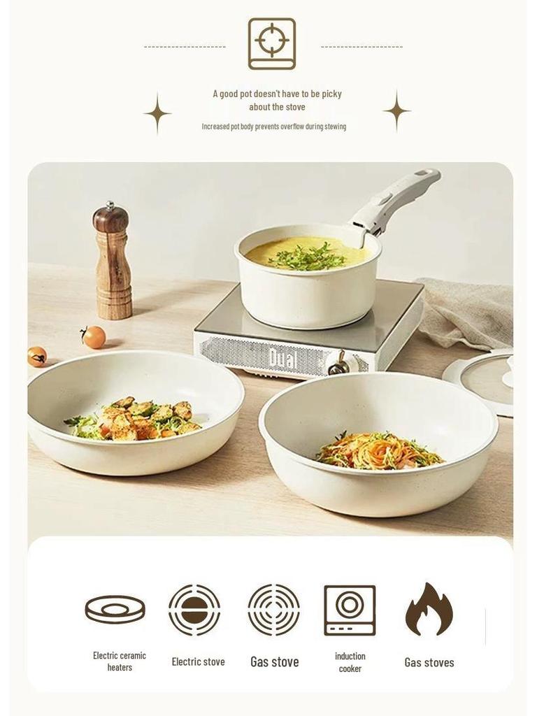 Detachable Handle Non-Stick Maifan Stone Cookware Set: Stir-Fry & Flat-Bottomed Pan for Induction Cookers.