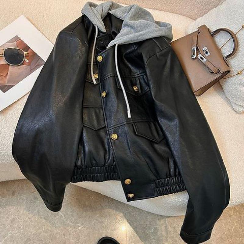 Fake zweiteilige Lederjacke mit Kapuze für Damen Frühling und Herbst lässig Retro Motorradbekleidung Übergröße schwarz PU-Lederjacke Top