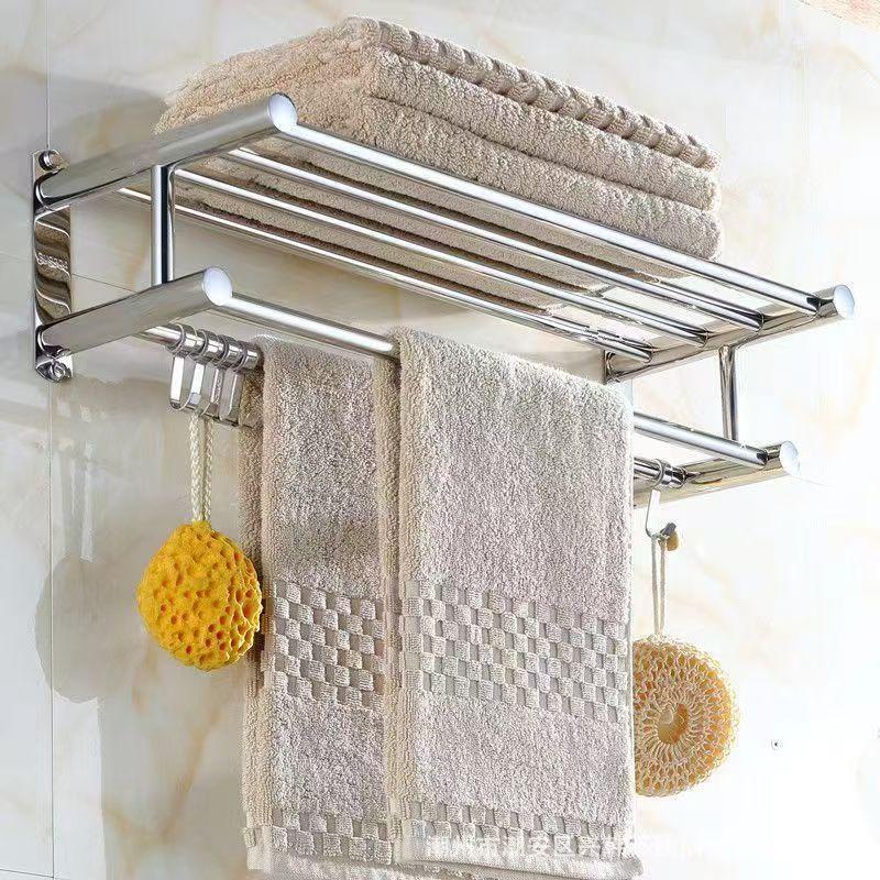 Stainless Steel Towel Rack No Drill Damage Free Storage with Adjustable Hooks for Rental House Bathroom