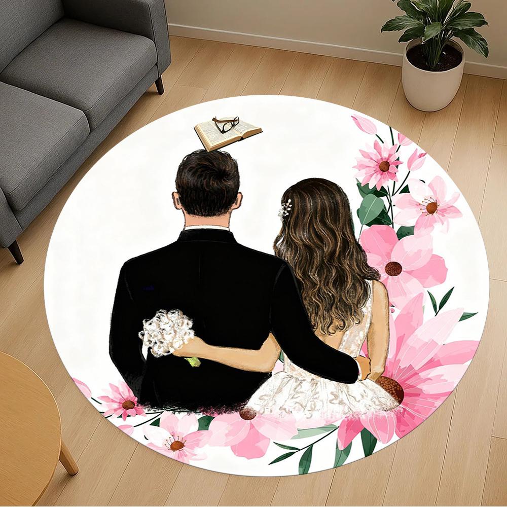1pc wedding couple Round Chair mat office Area Rug - Non-Slip, Floor Mat for Office, Bedroom, Ideal home decor gift c0112016