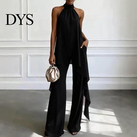 Comfortable Women Outfit Women's Chiffon 2 Piece Sets, Asymmetrical Halter Sleeveless Tops with Plus Size Casual Suit Wide Leg Pants Summer