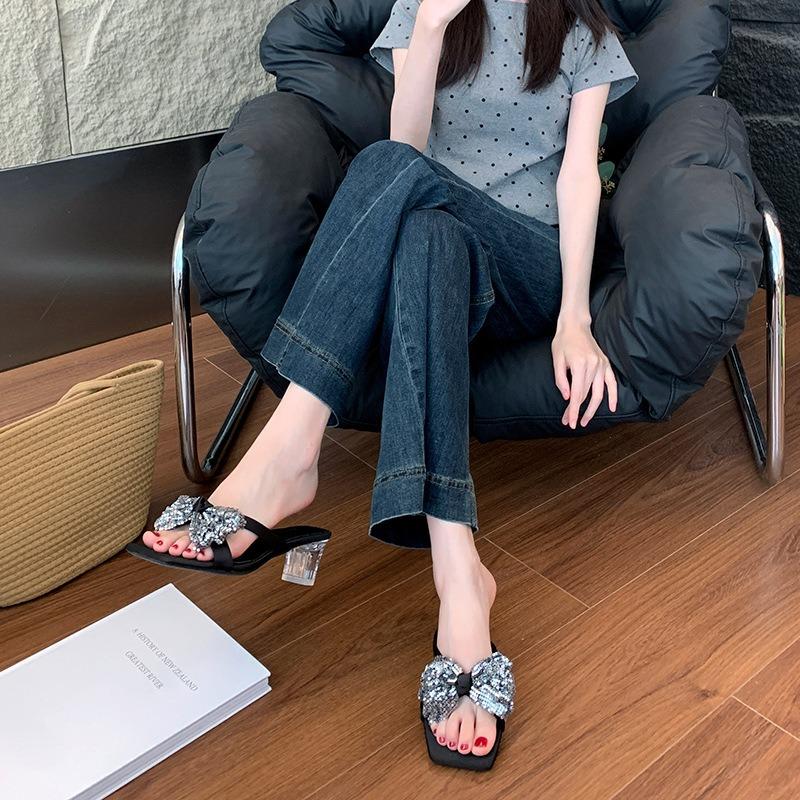 High heels women's cool slippers summer wear crystal sandals thick heel widened large size women's shoes