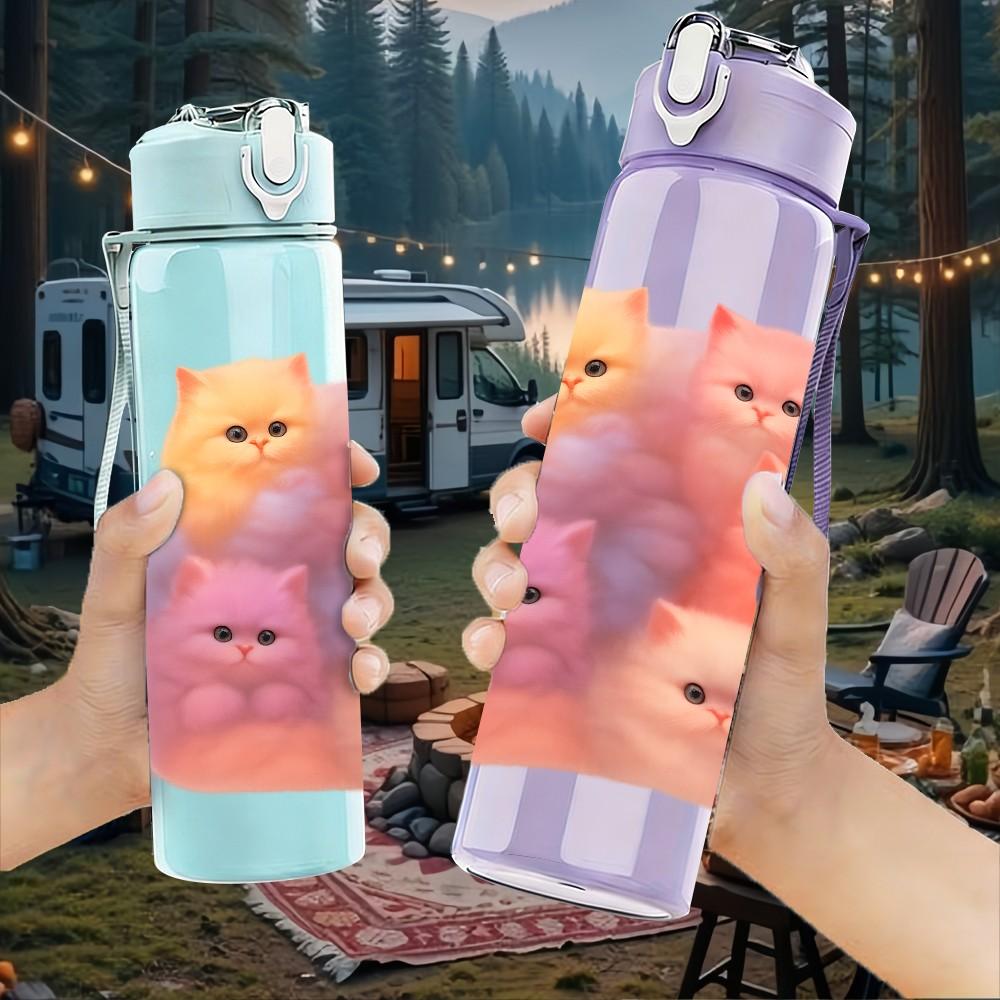 1PC Stacked Cute Pink Cats 750ml Color Plastic Sports Water Bottle Leakproof Flip Straw Lid Suitable for Sports Office Home Use
