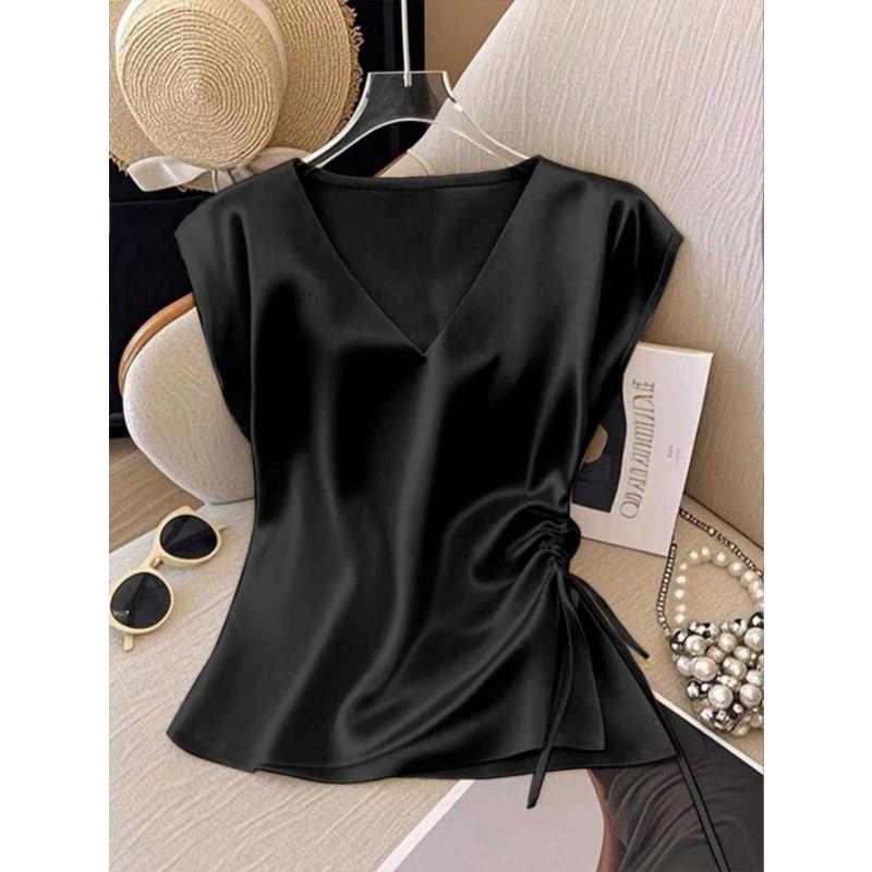 Women Satin V Neck Blouse Elegant Short Sleeve Side Drawstring Ruched Top Summer Casual Work Office Tunic Fashion Sleeveless Sweet Tank Tops for Women