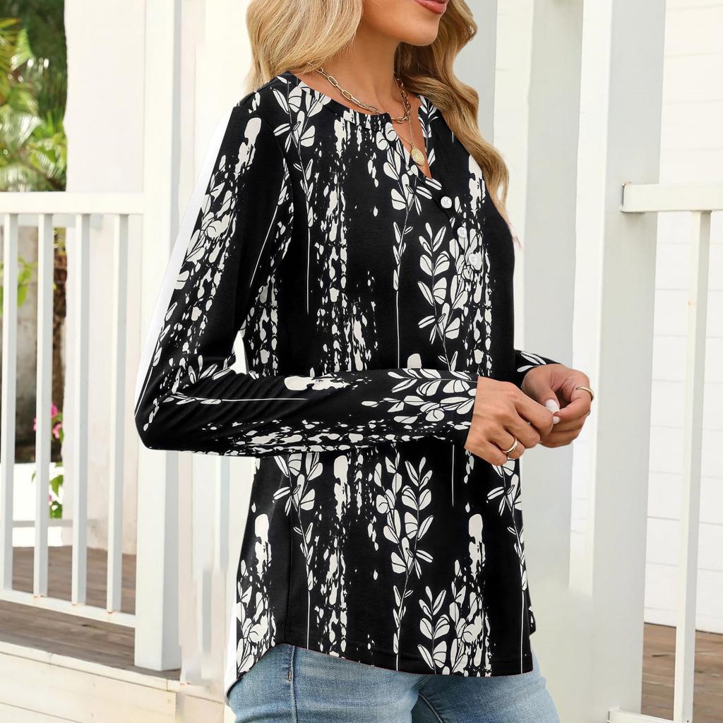 Damen Casual Mode T-Shirt, Vintage Blumendruck, Rundhalsausschnitt, Langarm-Oberteil.
