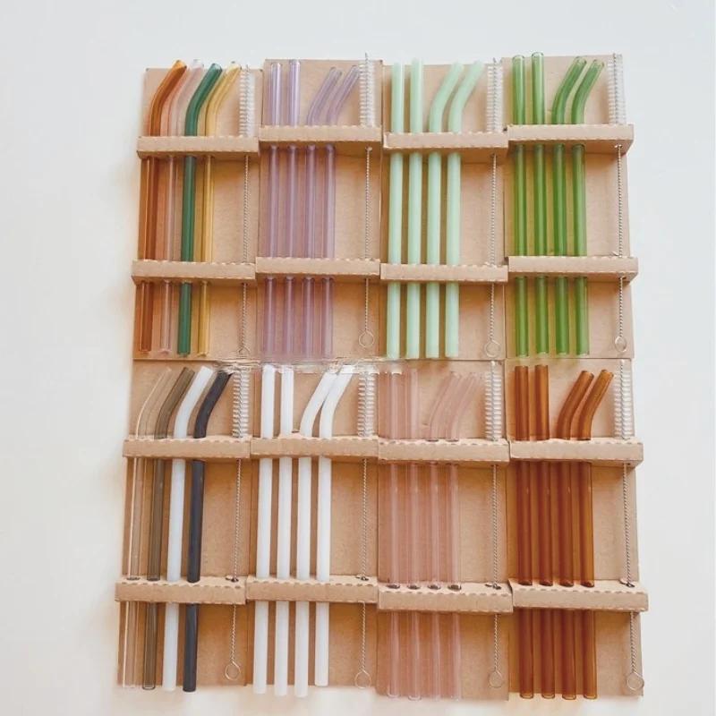 4PC/set Color Glass Straw Heat-resistant Cold Beverage Straight Bent Straw Reusable Straws 200mm*8mm Drinking straw