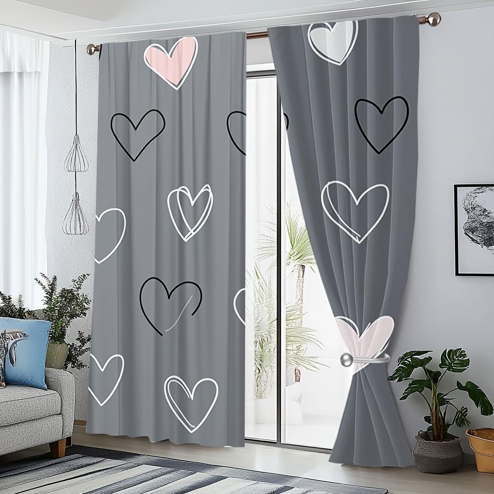 2pcs Heart Print Curtains Pink White Black Love Pattern Romantic Style Polyester Window Drapes for Bedroom Living Room
