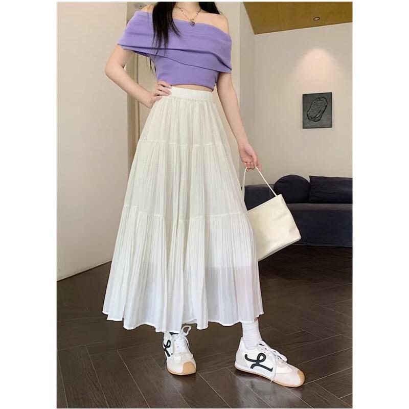 Zuose High-Waist Pleated Mesh Midi Skirt S