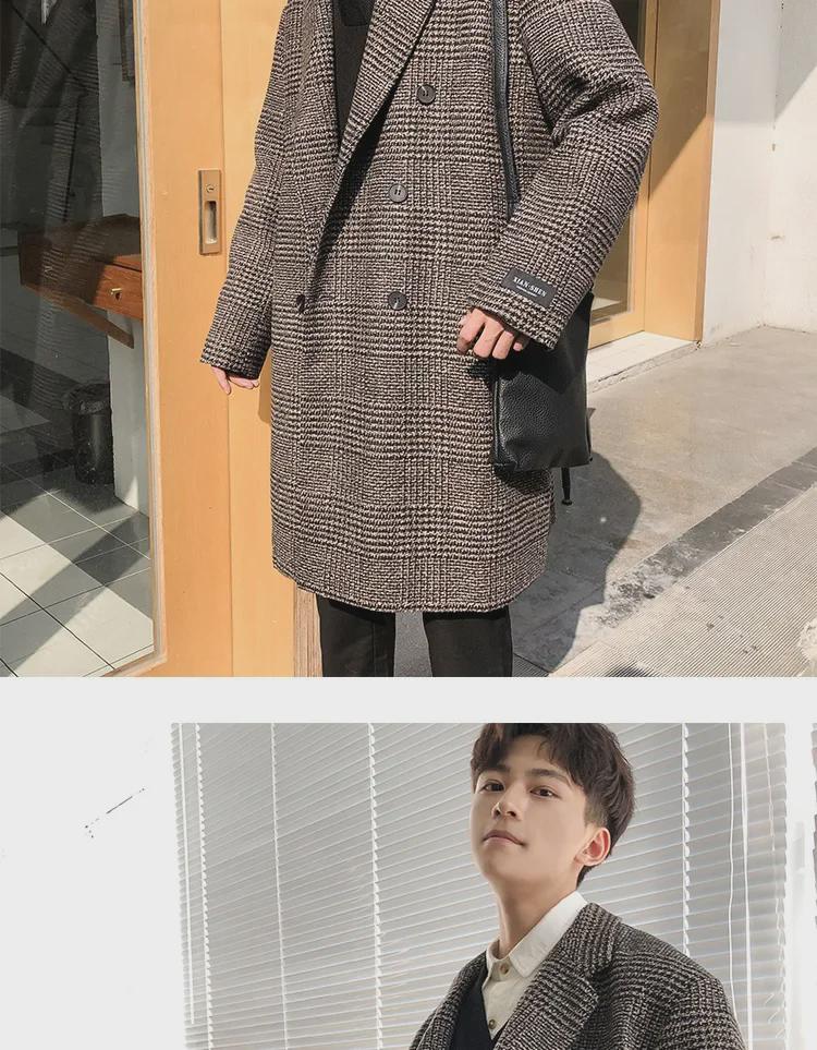 Herren Trendiger Doppelreiher Woll-Plaid Trenchcoat - Herbst/Winter Koreanischer Hong Kong Stil, Übergröße verfügbar