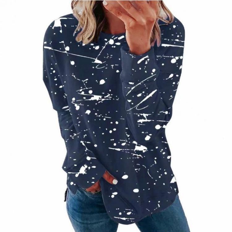 Plus Size Women Printed Long Sleeve T Shirt Loose Round Neck Tee