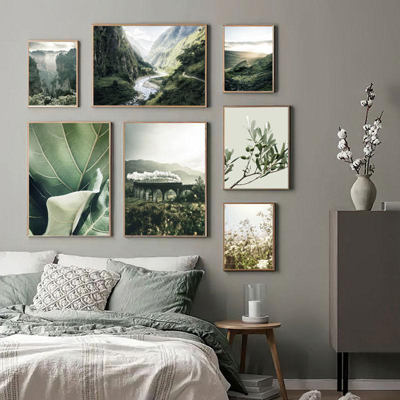 Nature Landscape Green Mountain Forest Leaf Canvas Painting Poster Nordic Art Print Wall Picture for Living Room Bedroom Decor
